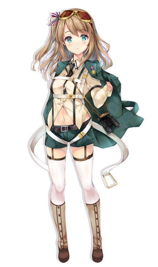 1girl bangs binoculars blush boots bow brown_footwear brown_hair brown_shirt character_request collared_shirt commentary_request eyebrows_visible_through_hair eyewear_on_head formation_girls full_body garter_straps green_eyes green_jacket green_shorts hair_between_eyes hair_bow head_tilt jacket jacket_on_shoulders knee_boots long_hair long_sleeves looking_at_viewer military_jacket navel official_art one_side_up red_bow shirt short_shorts shorts simple_background solo standing striped striped_bow suihi sunglasses thigh-highs thighhighs_under_boots white_background white_legwear