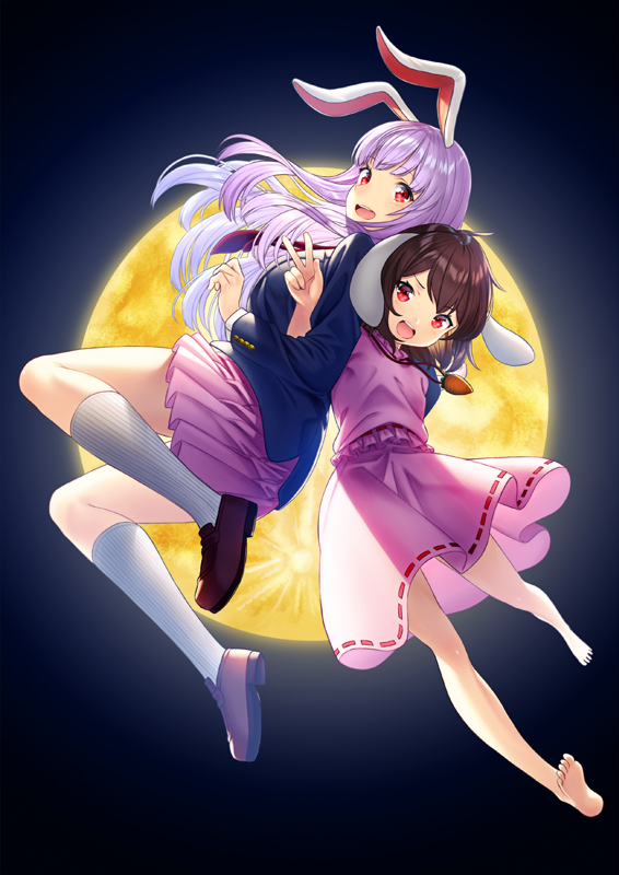 2girls :d animal_ears bangs barefoot blazer blush brown_footwear buttons carrot_necklace commentary_request dress eyebrows_visible_through_hair floppy_ears full_body full_moon inaba_tewi jacket jewelry kneehighs kyon_(fuuran) loafers long_hair long_sleeves moon multiple_girls necktie night open_mouth pendant pink_dress pink_skirt pleated_skirt purple_hair rabbit_ears red_eyes red_neckwear reisen_udongein_inaba ribbon-trimmed_dress shirt shoes short_hair skirt smile touhou upper_teeth v white_legwear