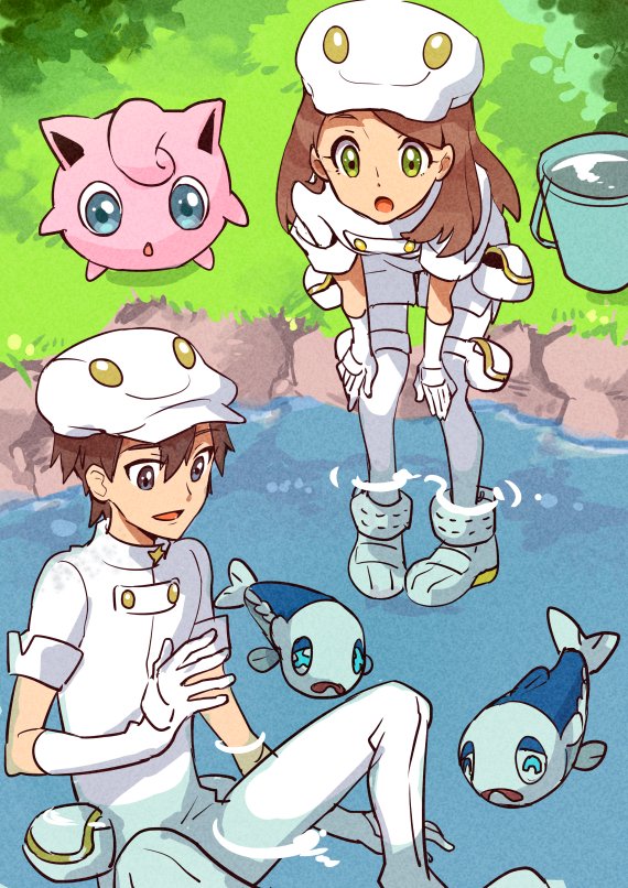 1boy 1girl aether_foundation_employee bending_forward boots brown_hair bucket creatures_(company) elbow_gloves game_freak gen_1_pokemon gen_7_pokemon gloves grass green_eyes jigglypuff long_hair looking_at_another nintendo pokemon pokemon_(anime) pokemon_(creature) pokemon_sm_(anime) rikovui river sitting uniform white_footwear white_gloves wishiwashi