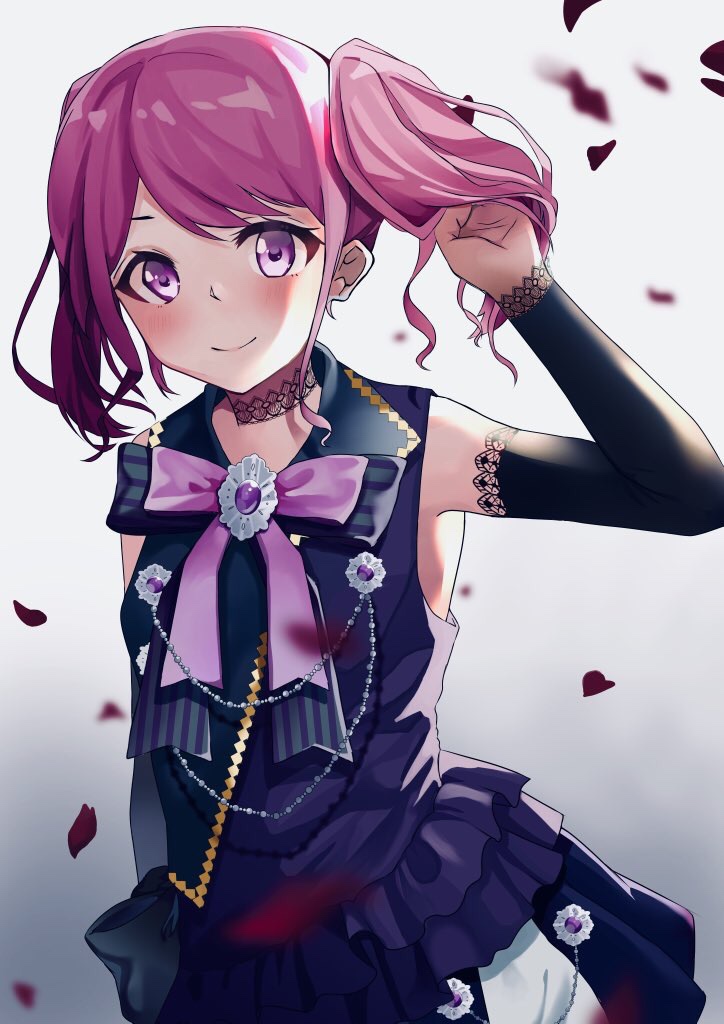 1girl bang_dream! bangs black_choker black_dress blush brooch choker cosplay detached_sleeves dress frills hand_in_hair jewelry kanadeedanak lace lace-trimmed_sleeves lace_choker looking_at_viewer maruyama_aya neck_ribbon petals pink_hair pink_neckwear ribbon roselia_(bang_dream!) sidelocks smile solo twintails upper_body violet_eyes