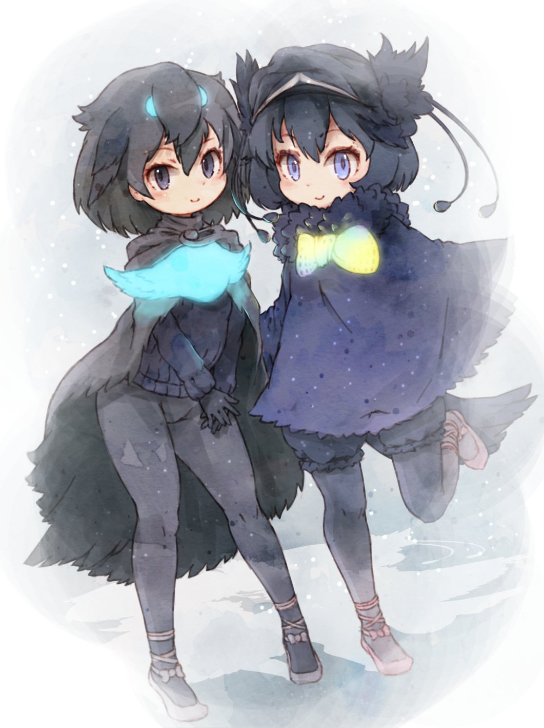 2girls bird_tail bird_wings black_hair blue_eyes blue_hair blush bow cape commentary_request dark_blue_hair eyebrows_visible_through_hair fur_collar gloves greater_lophorina_(kemono_friends) head_wings highres kemono_friends kolshica leggings long_sleeves multiple_girls pantyhose puffy_shorts shoe_bow shoes short_hair shorts smile standing standing_on_one_leg sweater western_parotia_(kemono_friends) wings