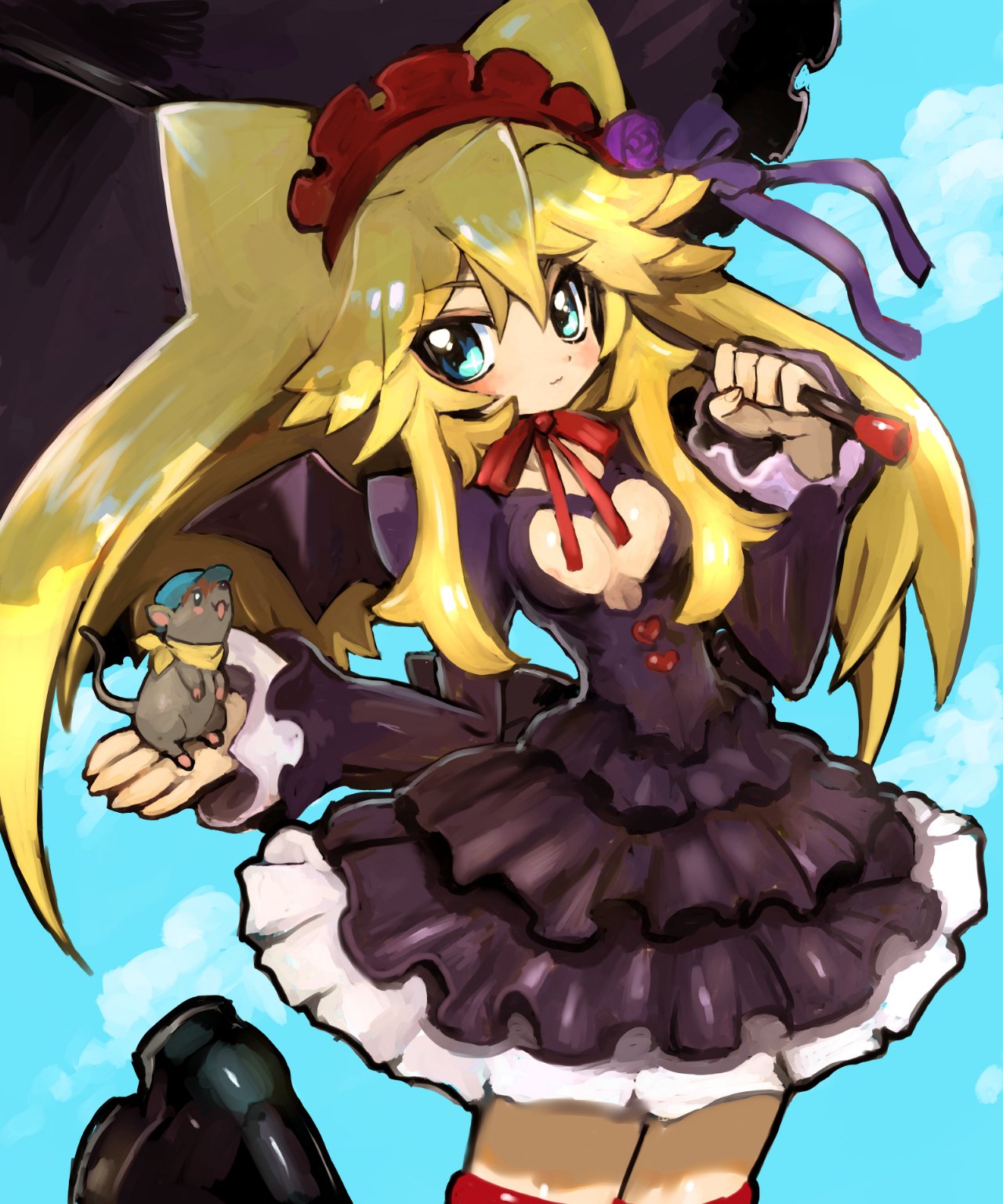 1girl animal anyamal_tantei_kirumin_zoo bat_wings black_footwear blonde_hair blue_eyes blush breasts cleavage_cutout dakusuta dress frilled_dress frilled_sleeves frills gothic_lolita hair_between_eyes hair_ornament hairband hatori_kanon headdress highres holding holding_umbrella juliet_sleeves lolita_fashion long_hair long_sleeves mouse neck_ribbon puffy_sleeves red_ribbon ribbon solo thigh-highs umbrella wings zettai_ryouiki