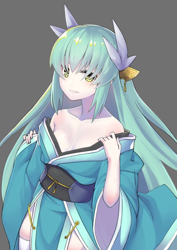 1girl bangs blue_kimono breasts cleavage collarbone cowboy_shot fate/grand_order fate_(series) floating_hair goemon1110 green_eyes green_hair grey_background hair_between_eyes hair_ornament japanese_clothes kimono kiyohime_(fate/grand_order) long_hair long_sleeves obi off_shoulder open_clothes open_kimono parted_lips sash shiny shiny_hair simple_background small_breasts solo standing thigh-highs very_long_hair white_legwear white_sleeves