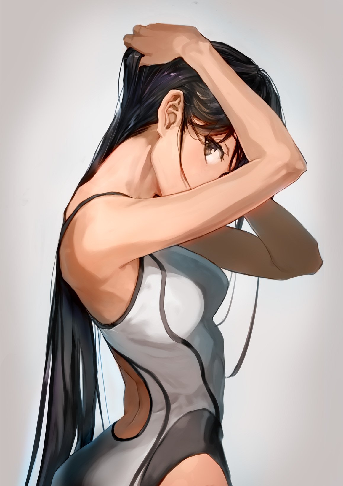 1girl adjusting_hair ass bangs black_hair bob_(biyonbiyon) breasts brown_eyes competition_swimsuit from_side gradient gradient_background highres long_hair looking_at_viewer medium_breasts one-piece_swimsuit original sidelocks solo swimsuit very_long_hair