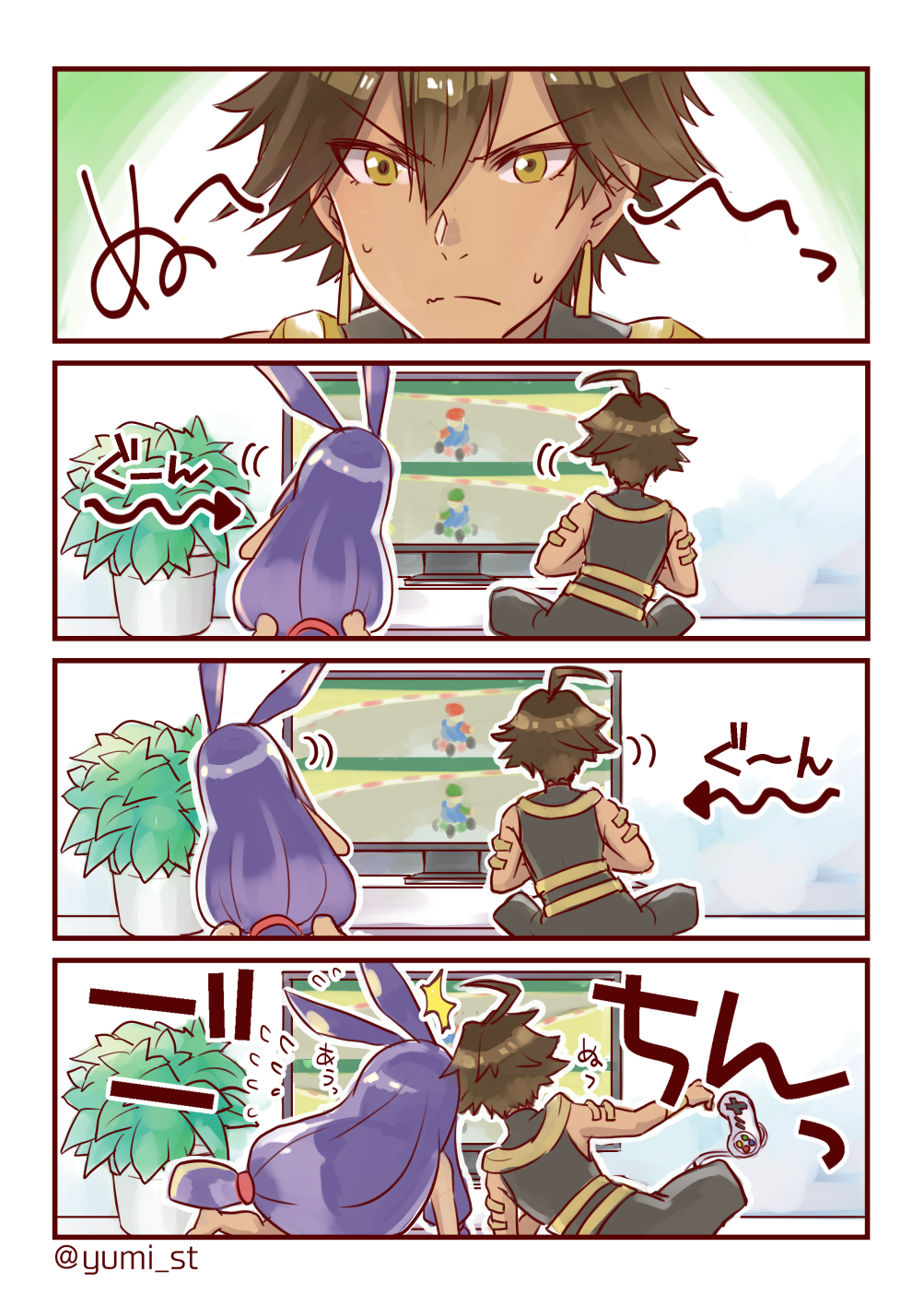 &gt;:| 1boy 1girl ahoge animal_ears brown_hair commentary_request controller dark_skin earrings fate/grand_order fate_(series) from_behind game_console game_controller highres jackal_ears jewelry long_hair low-tied_long_hair mario_kart nitocris_(fate/grand_order) ozymandias_(fate) purple_hair sitting super_nintendo television twitter_username yellow_eyes yumi_yumi