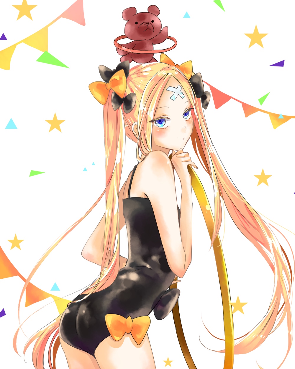abigail_williams_(fate/grand_order) artist_request ass bandaid_on_forehead bangs black_bow black_hat black_leotard blonde_hair blue_eyes blush bow closed_mouth crossed_bandaids fate/grand_order fate_(series) forehead hair_bow hat highres hips hoop hula_hoop leotard long_hair orange_bow parted_bangs star stuffed_animal stuffed_toy teddy_bear twintails very_long_hair white_background