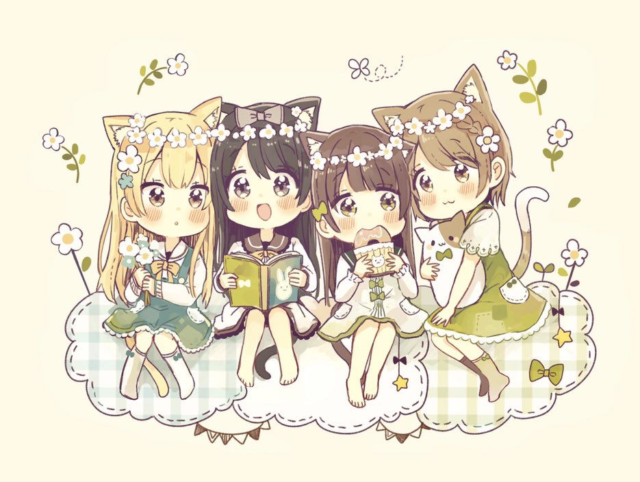 4girls :3 :d :o animal animal_ear_fluff animal_ears bangs barefoot blonde_hair blue_flower blush book bow braid brown_eyes brown_hair brown_legwear brown_sailor_collar bug butterfly cat_ears cat_girl cat_tail chibi closed_mouth commentary_request doughnut dress eating eyebrows_visible_through_hair flower flower_wreath food green_bow green_dress hair_between_eyes hair_bow head_tilt head_wreath holding holding_book holding_flower holding_food insect kneehighs light_brown_hair long_hair long_sleeves multiple_girls no_shoes open_book open_mouth original parted_lips sailor_collar sailor_dress sakura_oriko short_sleeves sitting smile star tail very_long_hair white_dress white_flower white_legwear