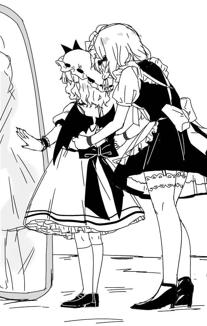 2girls age_difference apron artist_request cap demon_wings dressing_another from_behind height_difference high_heels izayoi_sakuya maid maid_apron maid_headdress mirror multiple_girls remilia_scarlet shoes socks thigh-highs touhou wings