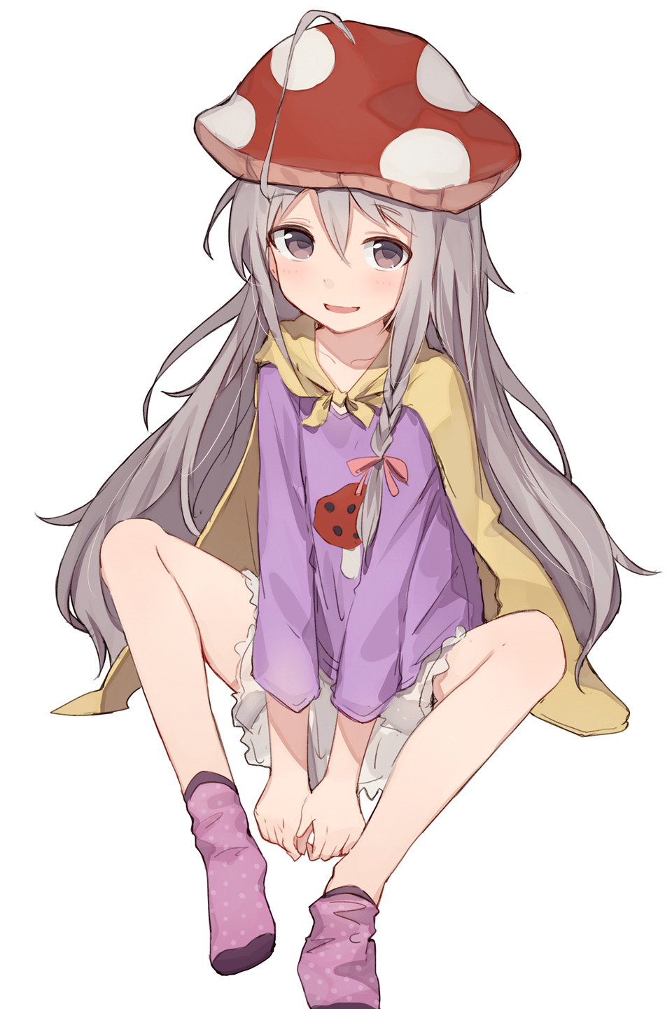 1girl ahoge bangs blush braid cape eyebrows_visible_through_hair full_body grey_eyes grey_hair hair_between_eyes hair_ribbon highres hoshi_shouko idolmaster idolmaster_cinderella_girls long_hair looking_at_viewer low_tied_hair miniskirt mushroom_hat purple_legwear purple_skirt ribbon shone side_braid silver_hair simple_background single_braid sitting skirt smile socks solo very_long_hair white_background white_skirt