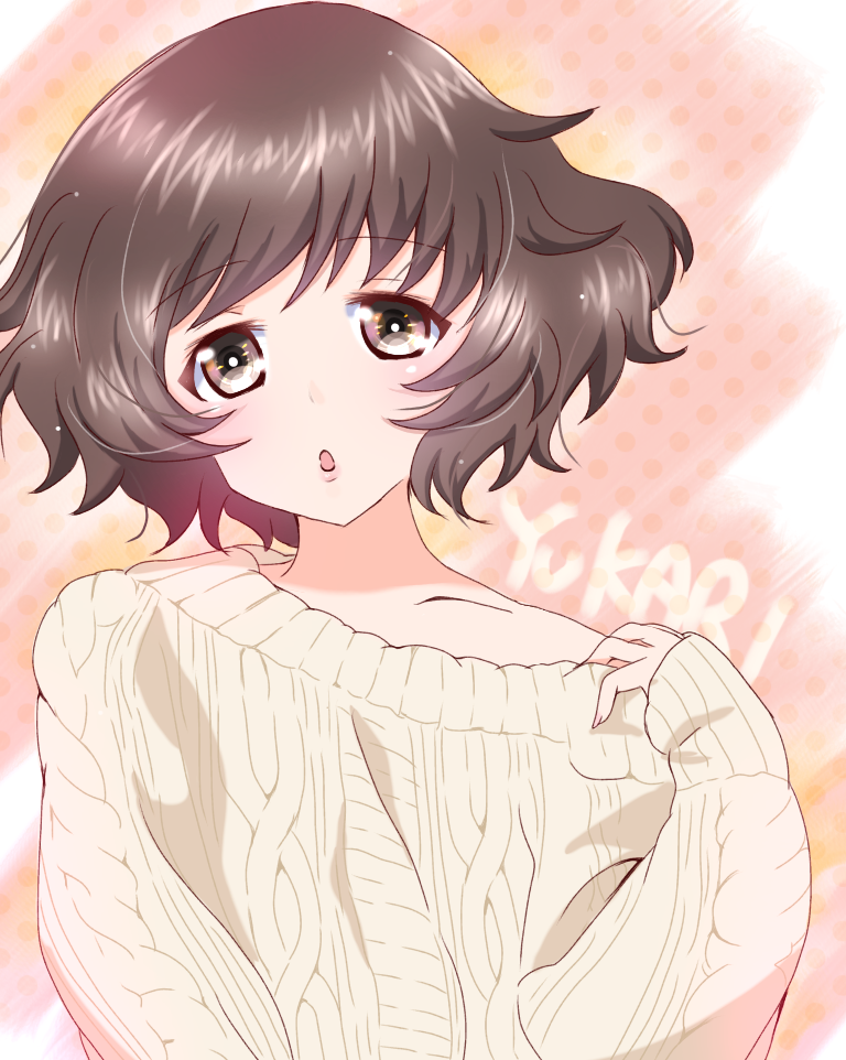 1girl akiyama_yukari bangs character_name chestnut_mouth commentary eyebrows_visible_through_hair girls_und_panzer lips long_sleeves looking_at_viewer off_shoulder open_mouth pamchapyuzu polka_dot polka_dot_background pulled_by_self ribbed_sweater shirt_pull short_hair solo standing sweater swimsuit upper_body white_swimsuit