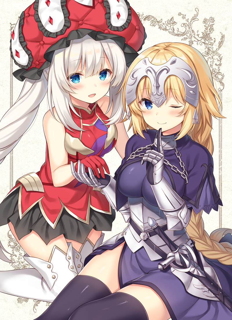 2girls :d ;) armor armored_dress bare_arms beige_background black_legwear black_skirt blonde_hair blue_dress blue_eyes blush braid breasts capelet chains closed_mouth commentary crystal dress eyebrows_visible_through_hair fate/grand_order fate_(series) finger_to_mouth frilled_hat frills gauntlets gloves hand_holding hat headpiece jeanne_d'arc_(fate) jeanne_d'arc_(fate)_(all) kneeling long_hair long_sleeves looking_at_viewer marie_antoinette_(fate/grand_order) medium_breasts miniskirt multiple_girls nagisa3710 one_eye_closed open_mouth red_gloves red_hat red_shirt sheath sheathed shirt shushing sidelocks silver_hair simple_background single_braid sitting skirt sleeveless sleeveless_shirt smile sword thigh-highs very_long_hair weapon white_legwear yuri zettai_ryouiki