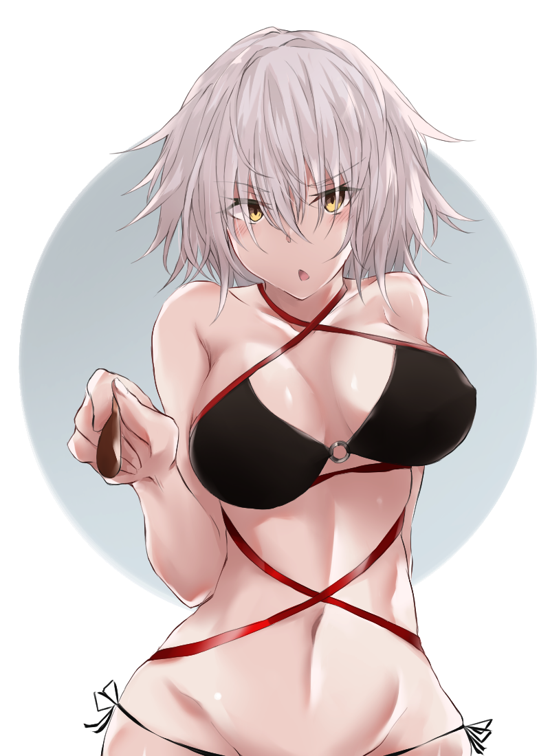 bare_shoulders bikini black_bikini blush breasts commentary_request eyebrows_visible_through_hair fate/grand_order fate_(series) jeanne_d'arc_(alter_swimsuit_berserker) jeanne_d'arc_(fate)_(all) large_breasts looking_at_viewer navel o-ring o-ring_bikini o-ring_top open_mouth short_hair side-tie_bikini silver_hair solo swimsuit yellow_eyes yuki_maccha_(yukimattya10)