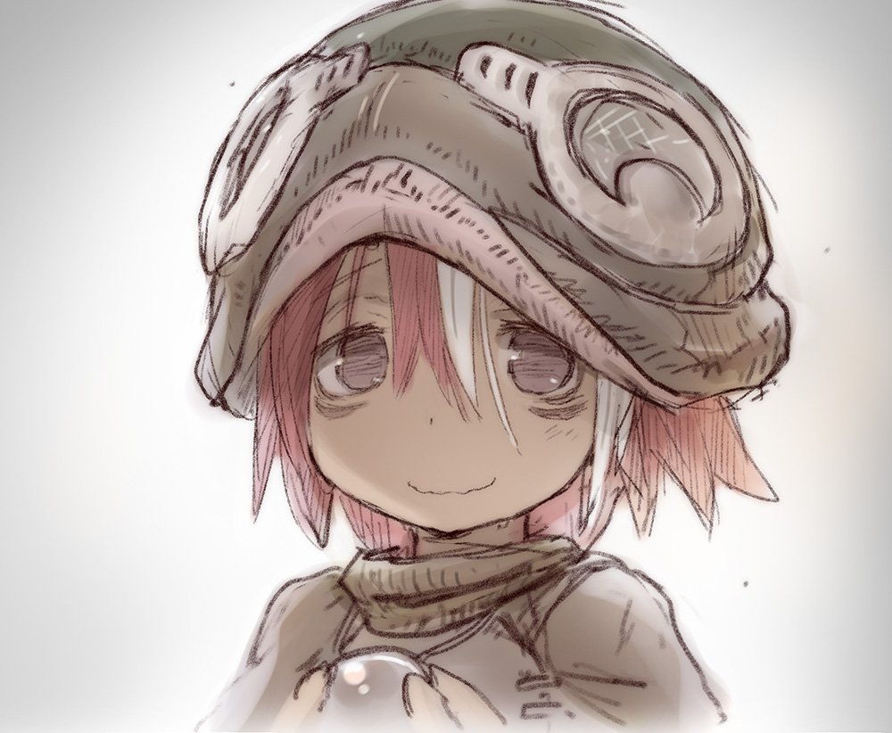 1girl blush brown_eyes brown_hat closed_mouth eyebrows_visible_through_hair goggles goggles_on_headwear hair_between_eyes hat looking_at_viewer made_in_abyss multicolored_hair pink_hair short_hair sketch smile solo tsukushi_akihito upper_body veko wavy_mouth white_hair