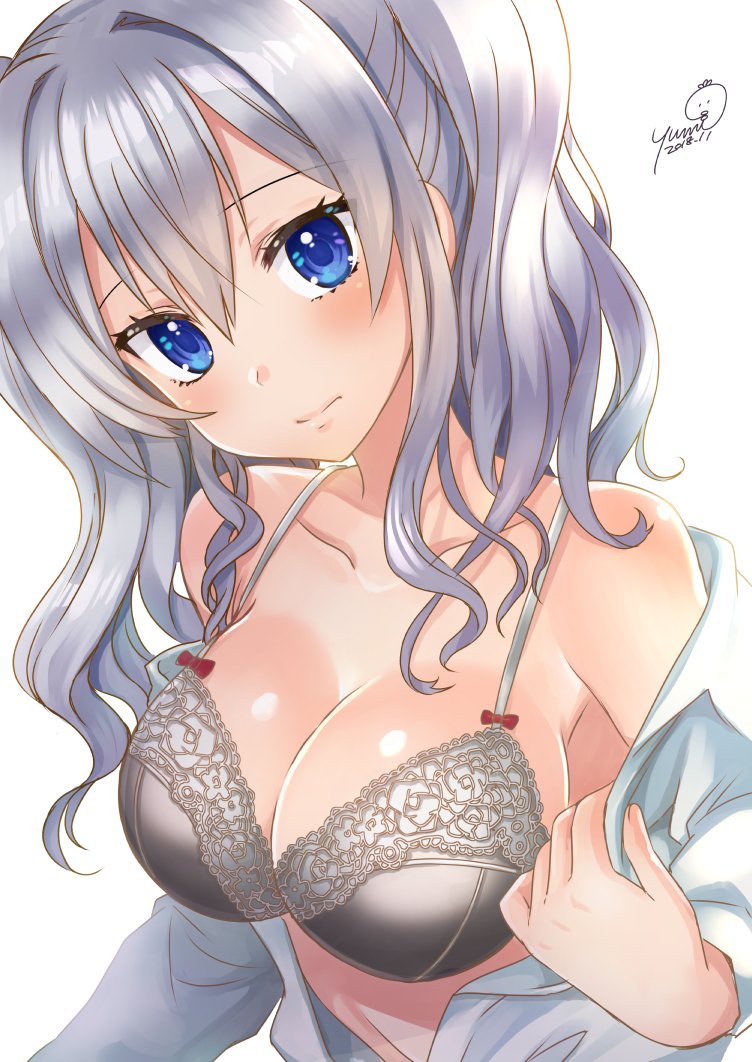 1girl blue_eyes blush bra breasts cleavage collarbone commentary_request grey_bra kantai_collection kashima_(kantai_collection) large_breasts long_hair long_sleeves looking_at_viewer open_clothes open_shirt silver_hair simple_background solo underwear undressing upper_body white_background yumi_yumi