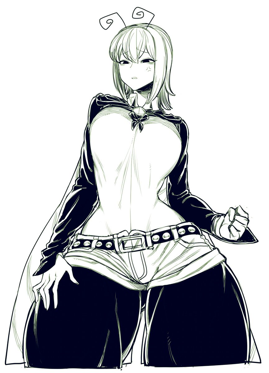 1girl anger_vein angry antennae belt breasts cape clenched_hand collar commentary_request cowboy_shot cropped_legs curvy eyebrows gluteal_fold hair_between_eyes hand_on_thigh highres huge_breasts long_sleeves looking_down monochrome pantyhose short_shorts shorts simple_background solo space_jin touhou white_background wide_hips wriggle_nightbug