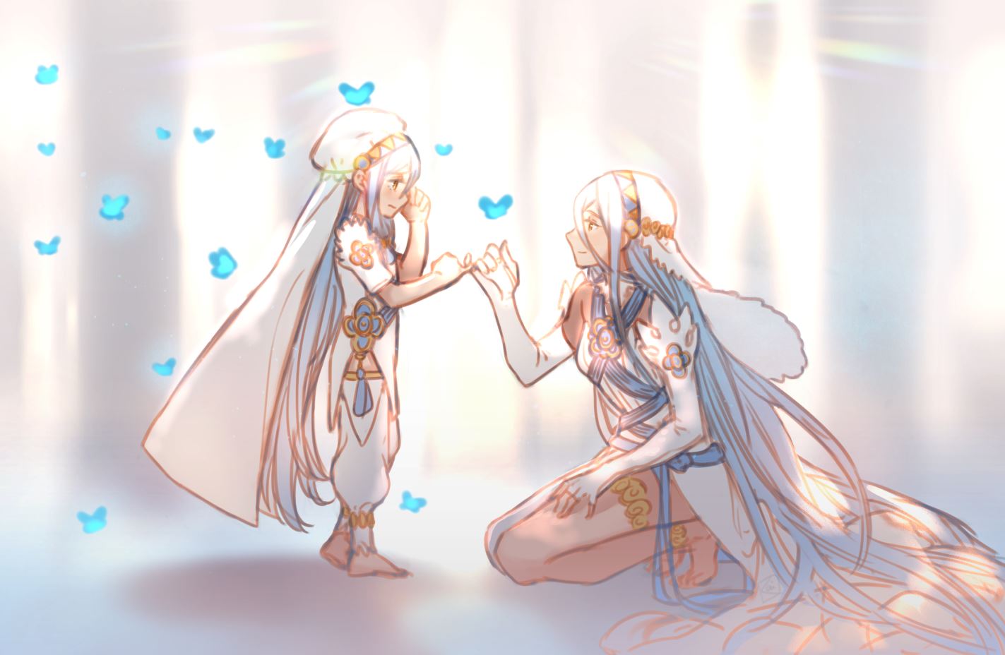 2girls aqua_(fire_emblem_if) aqua_hair bug butterfly closed_mouth dress dual_persona elbow_gloves fingerless_gloves fire_emblem fire_emblem_heroes fire_emblem_if from_side gloves insect kneeling krazehkai long_hair multiple_girls nintendo pinky_swear standing veil white_dress white_gloves yellow_eyes younger