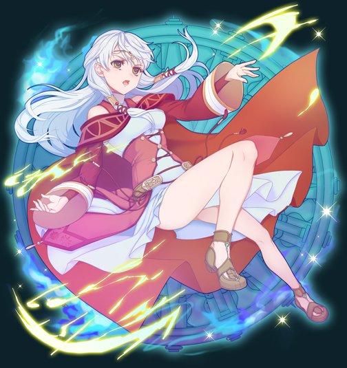 1girl bare_shoulders black_gloves bracelet cape dress fingerless_gloves fire_emblem fire_emblem:_akatsuki_no_megami gloves hair_ribbon half_updo jewelry kokouno_oyazi long_hair micaiah nintendo open_mouth ribbon scarf side_slit silver_hair sleeveless sleeveless_dress solo yellow_eyes