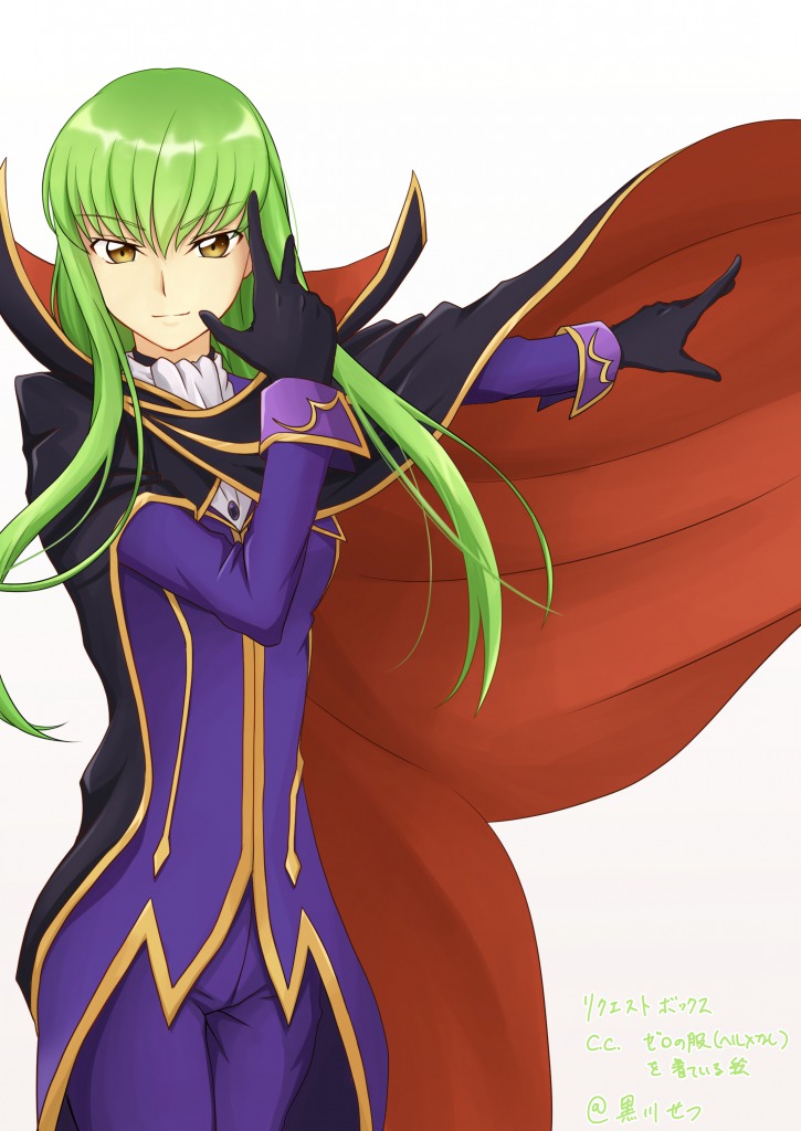 1girl bangs black_cape black_gloves brown_eyes c.c. cape character_name code_geass cosplay cowboy_shot eyebrows_visible_through_hair floating_hair gloves green_hair hair_between_eyes long_hair looking_at_viewer outstretched_arm pants purple_pants setu_kurokawa shiny shiny_hair simple_background solo standing white_background zero_(code_geass) zero_(code_geass)_(cosplay)