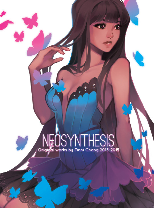 1girl artbook bangs blue_dress breasts brown_eyes brown_hair bug butterfly commentary cover_image dark_skin dress english_commentary finni_chang hair_flip insect lips long_hair looking_to_the_side medium_breasts nose original sitting solo strapless strapless_dress very_long_hair