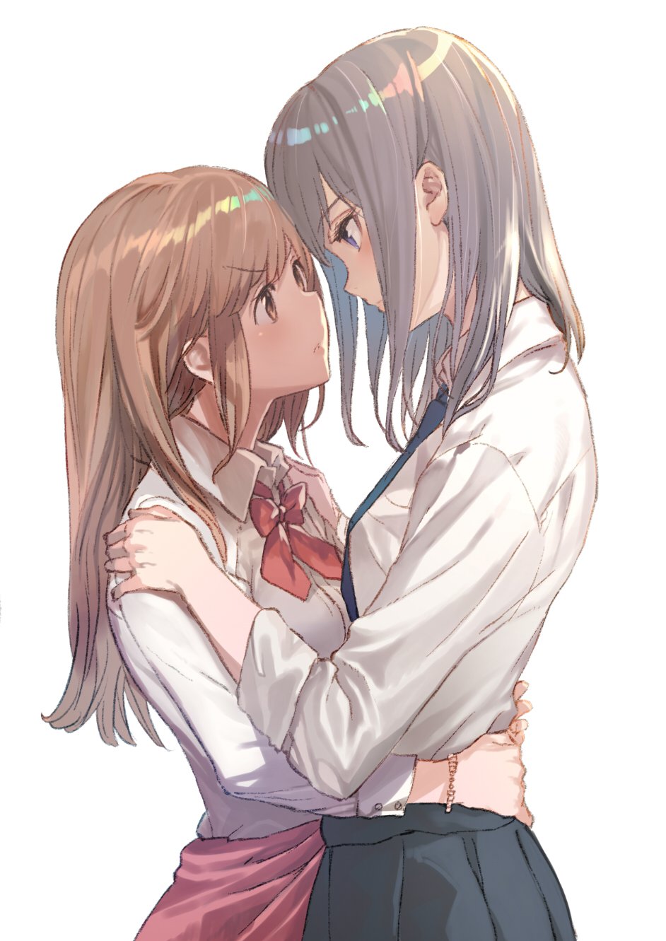 2girls black_skirt blue_eyes blue_neckwear bow bowtie brown_eyes brown_hair clothes_around_waist dress_shirt eye_contact from_side hands_on_another's_shoulders highres hug long_hair looking_at_another multiple_girls necktie original pink_sweater pleated_skirt red_bow school_uniform shiny shiny_hair shirabi shirt silver_hair simple_background skirt standing sweater sweater_around_waist white_background white_shirt yuri