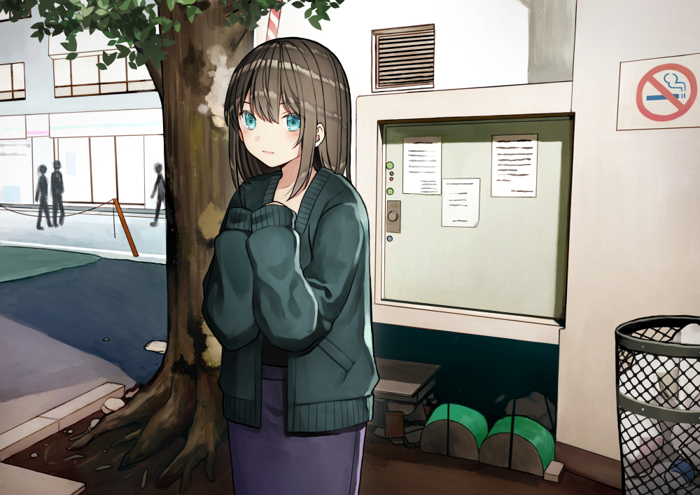 1girl bangs blue_eyes blush brown_hair building cardigan closed_mouth commentary_request day eyebrows_visible_through_hair green_cardigan hair_between_eyes hands_up kurata_rine long_hair long_sleeves looking_at_viewer no_smoking open_cardigan open_clothes original outdoors purple_skirt skirt sleeves_past_wrists solo_focus trash_can tree window