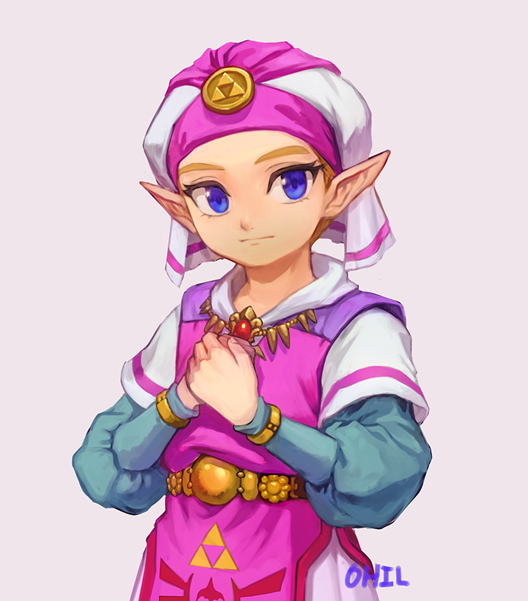 1girl blonde_hair blue_eyes bracelet closed_mouth dress hands_together hands_up hat jewelry long_sleeves looking_at_viewer nintendo ohil_(ohil822) pointy_ears princess_zelda short_hair simple_background solo tabard the_legend_of_zelda the_legend_of_zelda:_ocarina_of_time triforce white_background