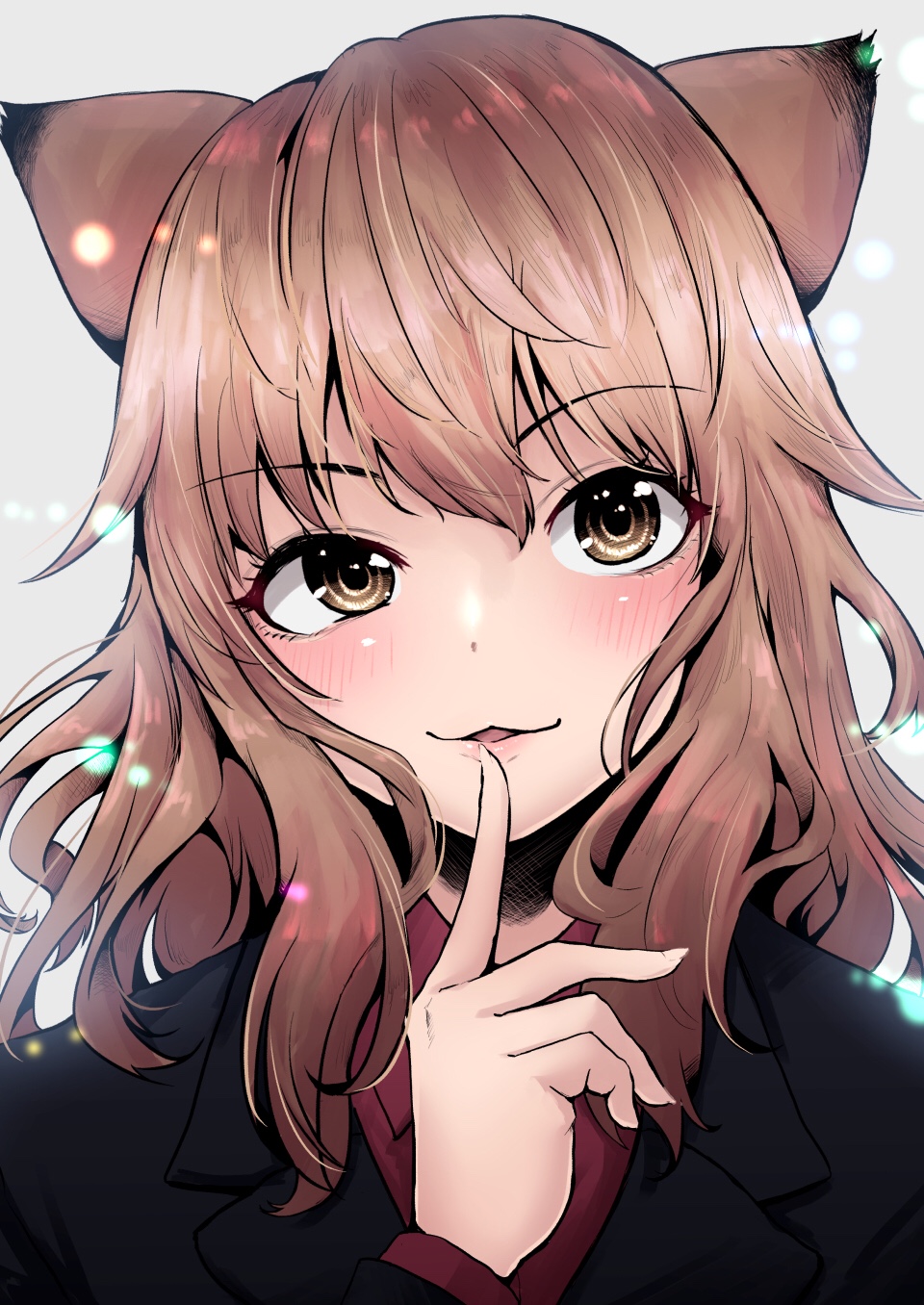 1girl animal_ears brown_eyes brown_hair eyebrows_visible_through_hair fernandia_malvezzi finger_to_mouth highres index_finger_raised liar_lawyer light_particles lips long_hair looking_at_viewer open_mouth portrait solo uniform world_witches_series