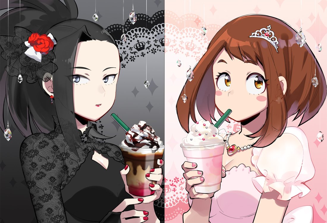 2girls black_background black_dress black_hair blush_stickers boku_no_hero_academia breasts brown_eyes brown_hair cleavage cleavage_cutout collarbone commentary_request crown cup detached_sleeves diamond dress drinking_straw earrings eyelashes fishnets flower food gem grey_eyes hair_flower hair_ornament holding holding_cup ice_cream jewelry jinno_(megacake) large_breasts lipstick long_hair looking_at_viewer makeup mini_crown multiple_girls nail_polish necklace pink_background pink_dress pink_nails ponytail puffy_short_sleeves puffy_sleeves red_lipstick red_nails rose short_hair short_sleeves sidelocks split_screen starbucks tiara uraraka_ochako yaoyorozu_momo