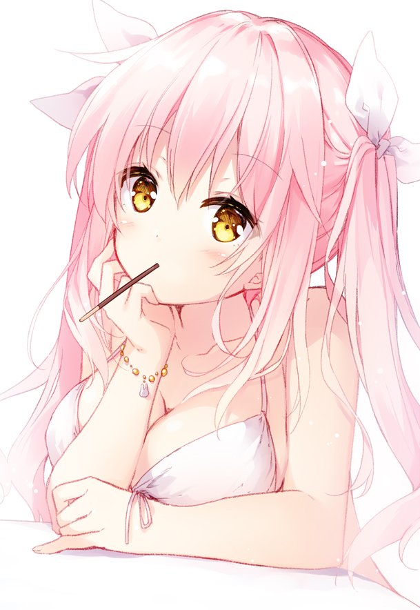 1girl bangs bare_shoulders blush bracelet breasts brown_eyes chin_rest cleavage collarbone commentary_request eyebrows_visible_through_hair food front-tie_bikini front-tie_top hair_ribbon head_tilt jewelry large_breasts long_hair looking_at_viewer mochizuki_shiina mouth_hold original pink_hair pocky pocky_day ribbon sidelocks simple_background solo twintails upper_body white_background white_bikini_top white_ribbon