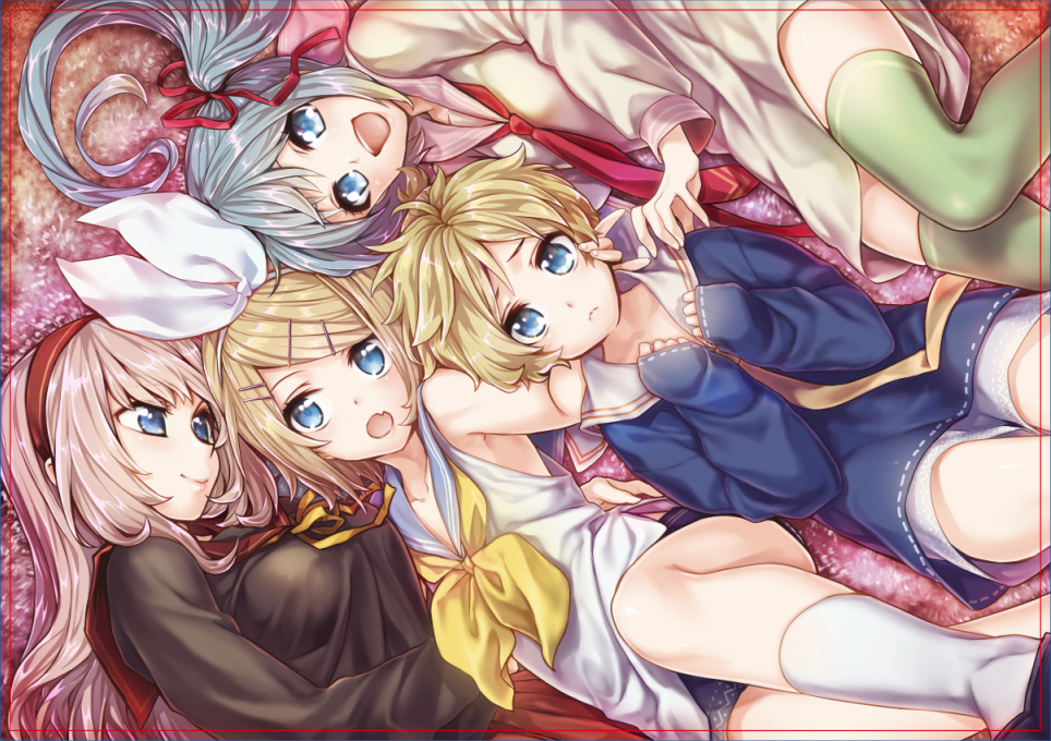 1boy 3girls :&lt; aqua_eyes aqua_hair armpits bare_shoulders blonde_hair blue_eyes bow breasts brother_and_sister caress collarbone fang flat_chest green_legwear hair_bow hair_ornament hair_ribbon hairband hairclip hand_behind_head hand_on_another's_head hand_on_another's_waist hand_on_hip hatsune_miku headband kagamine_len kagamine_rin large_breasts long_hair looking_at_another looking_at_viewer lying megurine_luka multiple_girls necktie nervous on_back open_mouth oumi_sanaka pink_hair pleated_skirt red_neckwear red_skirt ribbon sailor_collar shirt short_hair shorts siblings skirt sleeveless sleeveless_shirt small_breasts socks thigh-highs twins twintails vocaloid yellow_neckwear zettai_ryouiki