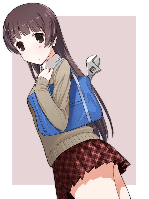 bag black_eyes blush brown_hair brown_skirt brown_sweater dutch_angle handbag katatsuka_kouji long_hair looking_at_viewer menteko official_art plaid plaid_skirt ring_dream simple_background skirt standing sweater very_long_hair wrench