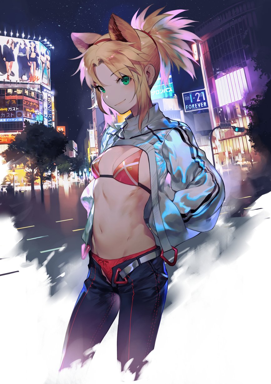 1girl animal_ears baggy_clothes bangs belt blonde_hair blush bra breasts city city_lights coat fate/grand_order fate_(series) green_eyes groin hair_tie hands_in_pockets highres intersection lamppost long_hair looking_at_viewer mordred_(fate)_(all) navel night open_clothes open_coat outdoors panties pants parted_bangs pink_hair ponytail red_bra red_panties salmon88 screen sidelocks sky small_breasts smile solo star_(sky) starry_sky stomach traffic_light unbuttoned_pants underwear