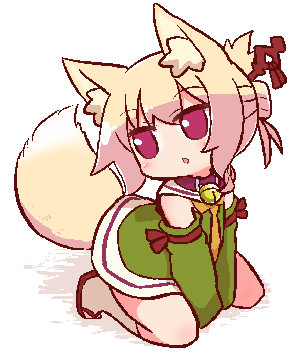 1girl animal_ear_fluff animal_ears bangs bell bell_collar between_legs blonde_hair blush brown_collar collar detached_sleeves eyebrows_visible_through_hair fox_ears fox_girl fox_tail green_skirt green_sleeves hair_between_eyes hair_bun hair_ornament hand_between_legs head_tilt jingle_bell kemomimi-chan_(naga_u) kneehighs kneeling long_sleeves looking_away looking_to_the_side naga_u orange_neckwear original red_eyes red_footwear shirt sidelocks skirt sleeveless sleeveless_shirt solo tail white_legwear zouri