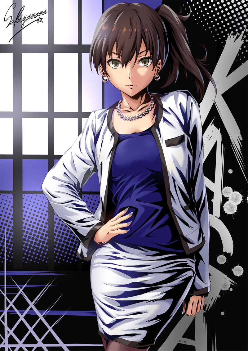 1girl alternate_costume blouse breast_pocket breasts brown_eyes brown_hair character_name closed_mouth collarbone earrings expressionless fingernails hair_between_eyes hand_on_hip indoors jacket jewelry kaga_(kantai_collection) kantai_collection long_hair long_sleeves looking_at_viewer medium_breasts nail_polish necklace pantyhose pearl_necklace pencil_skirt pocket purple_blouse purple_nails sakiyamama side_ponytail skirt solo twitter_username white_jacket white_skirt