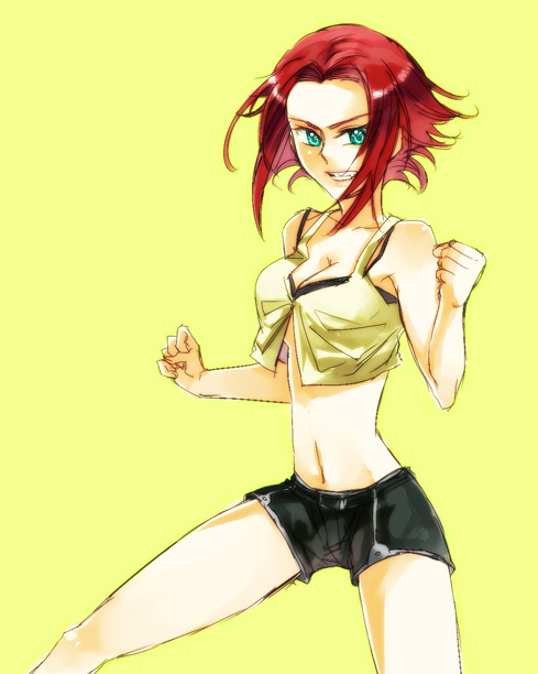 1girl aqua_eyes bare_arms bare_shoulders breasts cleavage clenched_hand clenched_teeth code_geass cowboy_shot crop_top crop_top_overhang hand_up kallen_stadtfeld mameezu midriff navel redhead short_hair shorts solo teeth under_boob