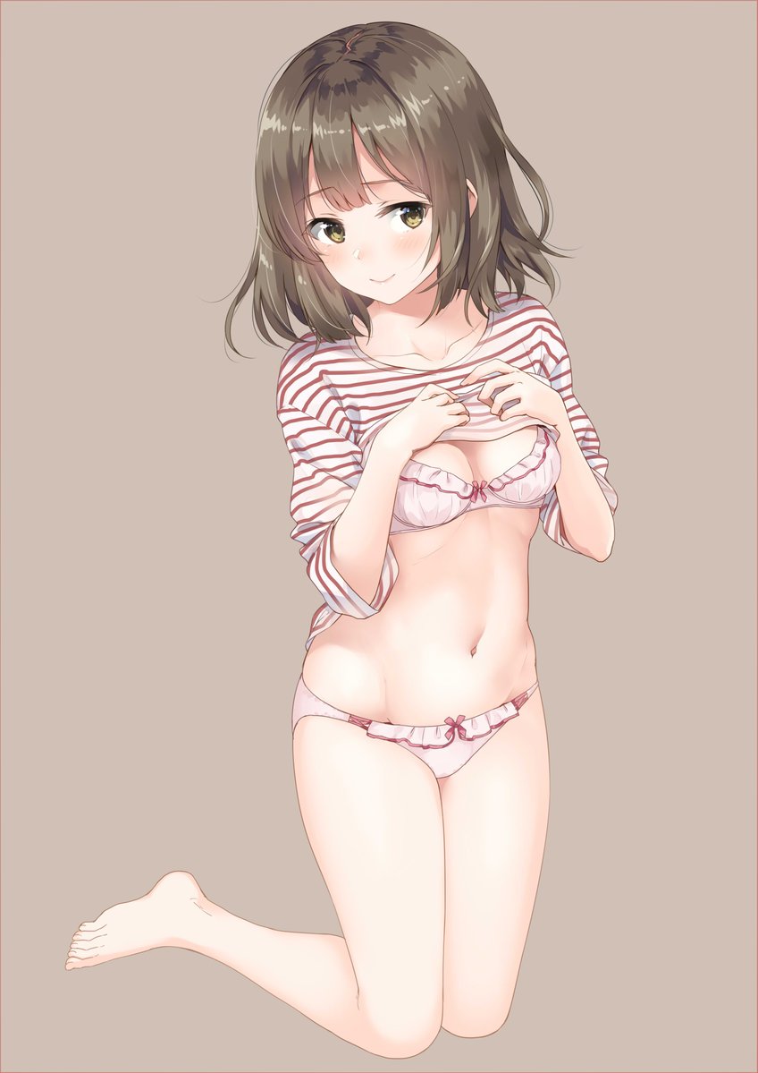 1girl bangs barefoot blush bow bow_bra bow_panties bra breasts brown_background brown_eyes brown_hair cleavage closed_mouth collarbone commentary_request full_body groin hands_on_own_chest legs_up long_sleeves looking_to_the_side medium_breasts navel original panties pink_bra pink_panties shirt shirt_lift short_hair sidelocks simple_background smile solo striped striped_shirt unasaka_ryou underwear