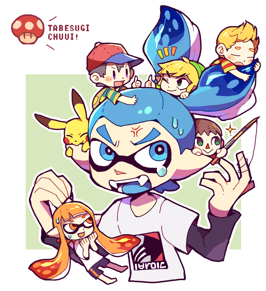 1girl angry bike_shorts biting black_hair blonde_hair blue_eyes blue_hair blush brown_hair chibi creatures_(company) domino_mask doubutsu_no_mori fangs game_freak gen_1_pokemon gloves hair_ornament hat inkling link long_hair lucas mask mother_(game) mother_2 mother_3 multiple_boys ness nintendo pikachu pointy_ears pokemon pokemon_(game) quiff shirt short_hair single_vertical_stripe smile splatoon splatoon_1 squid super_smash_bros. t-shirt teijiro tentacle_hair the_legend_of_zelda the_legend_of_zelda:_the_wind_waker toon_link villager_(doubutsu_no_mori)