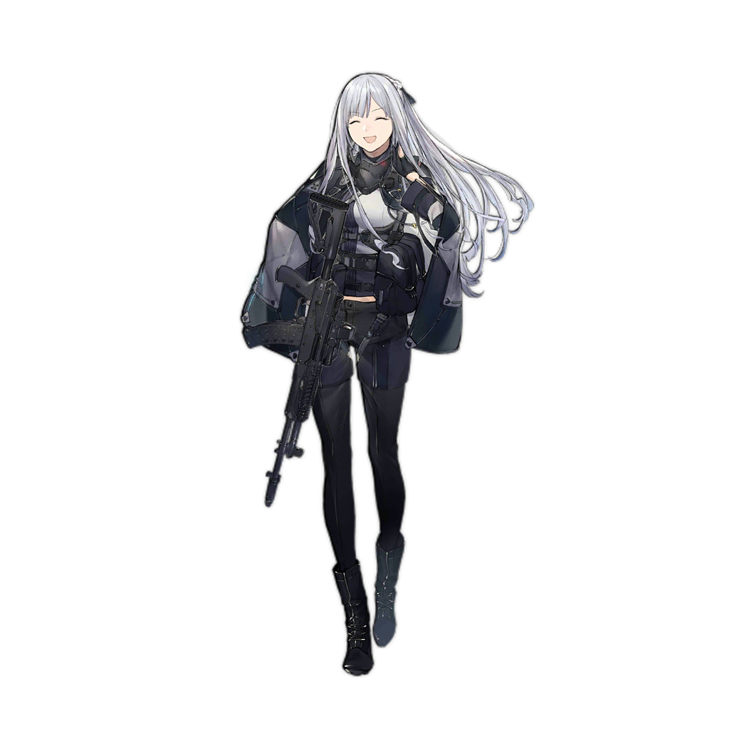 1girl ak-12_(girls_frontline) ankle_boots assault_rifle bag bangs belt black_footwear black_gloves black_jacket black_pants boots braid breasts brown_background closed_eyes collar copyright_name duoyuanjun facing_viewer french_braid full_body girls_frontline gloves gradient gradient_background gun jacket jacket_on_shoulders long_hair long_sleeves looking_at_viewer medium_breasts official_art open_clothes open_jacket open_mouth pale_skin pants rifle shadow simple_background smile straight_hair underbust walking weapon white_hair