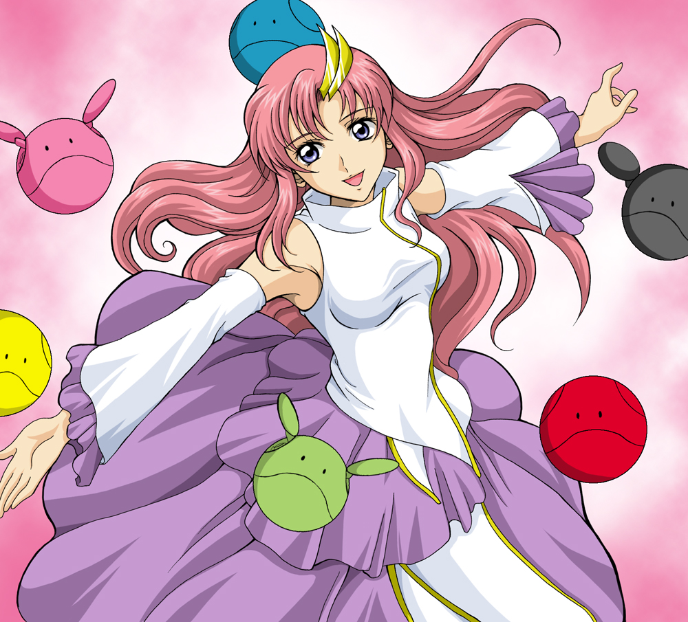 1girl :d blue_eyes dress floating_hair gundam gundam_seed hair_ornament hanzou haro lacus_clyne long_dress long_hair long_sleeves open_mouth outstretched_arms pink_hair smile solo very_long_hair white_sleeves