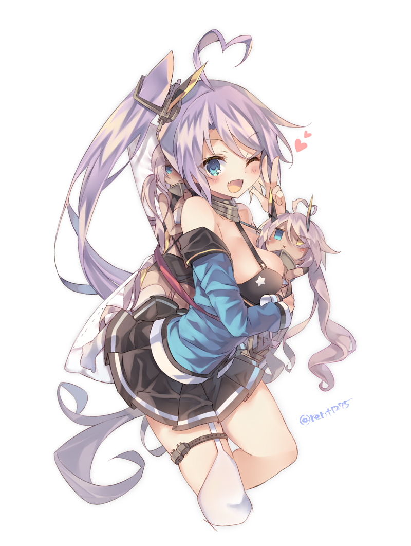 1girl ahoge azur_lane bangs bare_shoulders between_breasts blue_eyes blush breasts character_doll cropped_legs dakimakura_(object) doll doll_hug eyebrows_visible_through_hair garter_straps hand_gesture heart heart_ahoge holding holding_doll indianapolis_(azur_lane) leg_up long_hair miniskirt off_shoulder one_eye_closed open_mouth pillow ponytail portland_(azur_lane) rento_(rukeai) side_ponytail silver_hair simple_background single_thighhigh skirt smile thigh-highs thigh_strap twitter_username v white_background white_legwear yellow_eyes