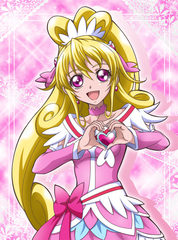 1girl :d aida_mana blonde_hair bow choker collarbone cure_heart dokidoki!_precure dress earrings floating_hair hair_ornament hanzou heart heart_earrings heart_hands high_ponytail jewelry long_hair looking_at_viewer open_mouth pink_bow pink_dress precure smile solo upper_body very_long_hair violet_eyes