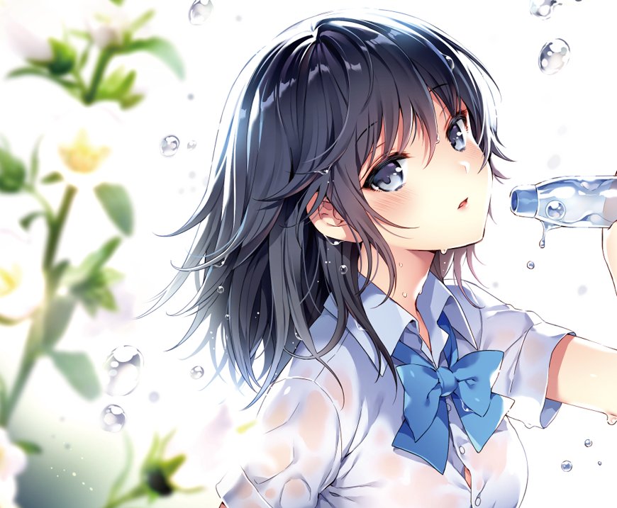1girl bangs black_hair blue_eyes blue_neckwear bottle bow bowtie breasts collared_shirt eyebrows eyebrows_visible_through_hair flower holding_object looking_at_viewer looking_to_the_side medium_breasts nardack original shirt simple_background solo white_background white_shirt