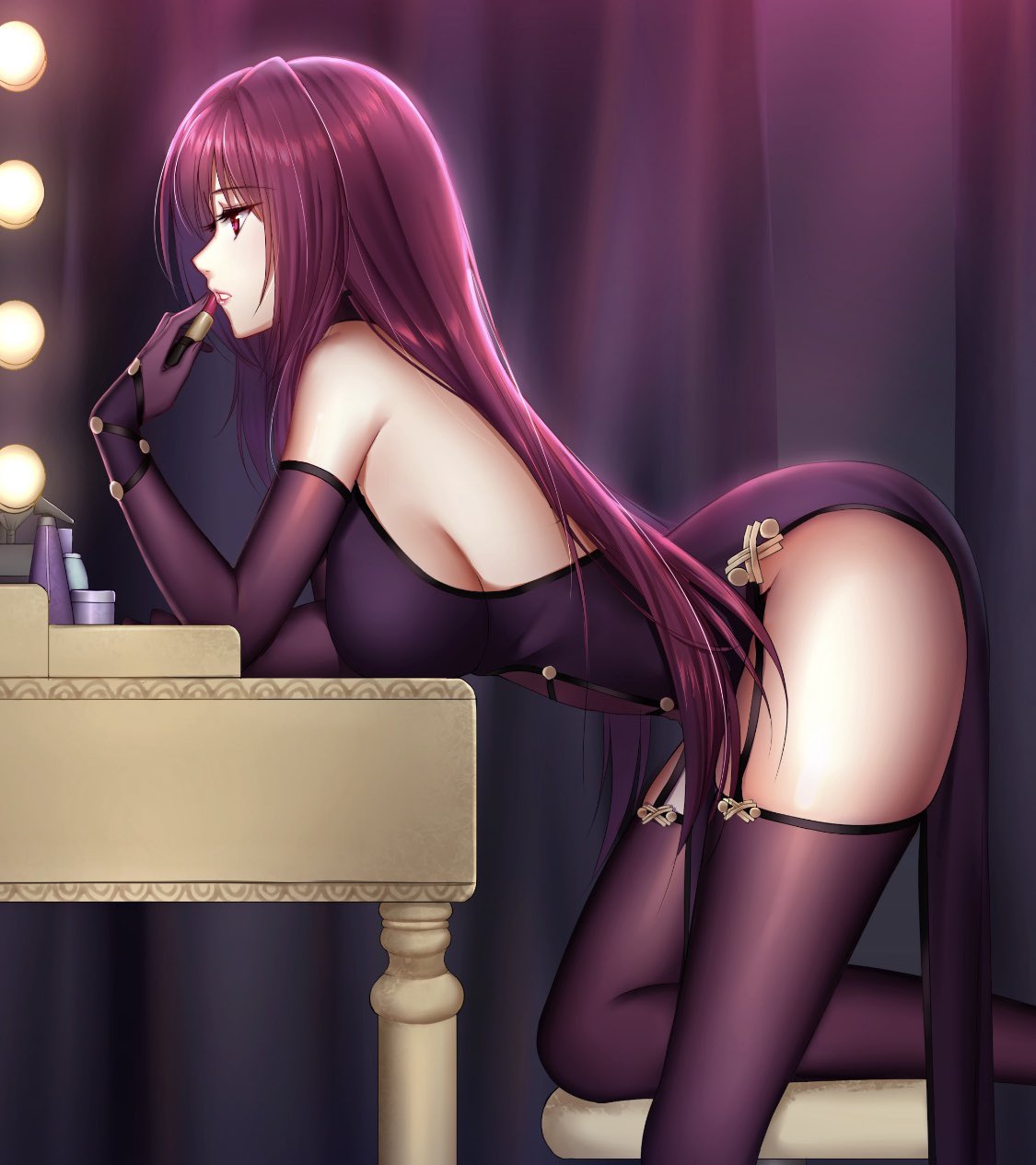 1girl adapted_costume applying_makeup ass bangs bare_shoulders blush breasts chair desk dress elbow_gloves eyebrows_visible_through_hair fate/grand_order fate_(series) female from_side garter_straps gloves hair_between_eyes highres holding knee_up large_breasts lights lipstick long_hair looking_at_mirror makeup mallizmora mirror parted_lips purple_dress purple_gloves purple_hair purple_legwear red_eyes red_lipstick scathach_(fate)_(all) scathach_(fate/grand_order) sideboob solo stool table thigh-highs thighs tsurime type-moon very_long_hair