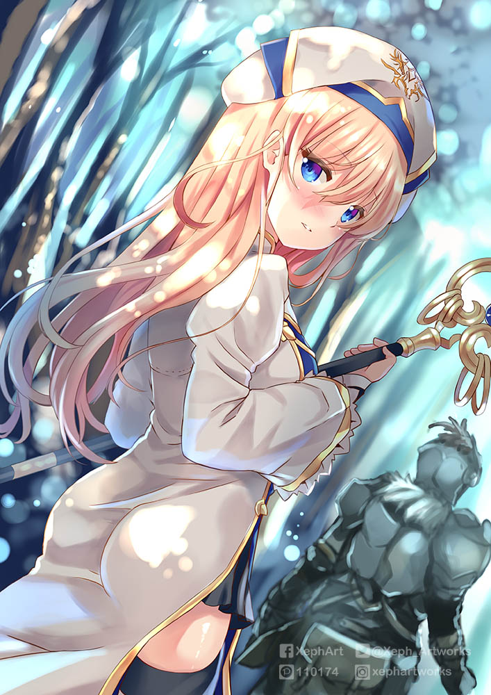 1boy 1girl armor ass bangs black_legwear blonde_hair blurry blurry_background breasts commentary_request depth_of_field dress dutch_angle eyebrows_visible_through_hair forest full_armor fur_trim goblin_slayer goblin_slayer! hair_between_eyes hat head_tilt helm helmet holding holding_staff long_sleeves looking_at_viewer looking_back nature parted_lips pixiv_id priestess_(goblin_slayer!) small_breasts solo_focus staff standing thigh-highs tree twitter_username white_dress white_hat wide_sleeves xephonia