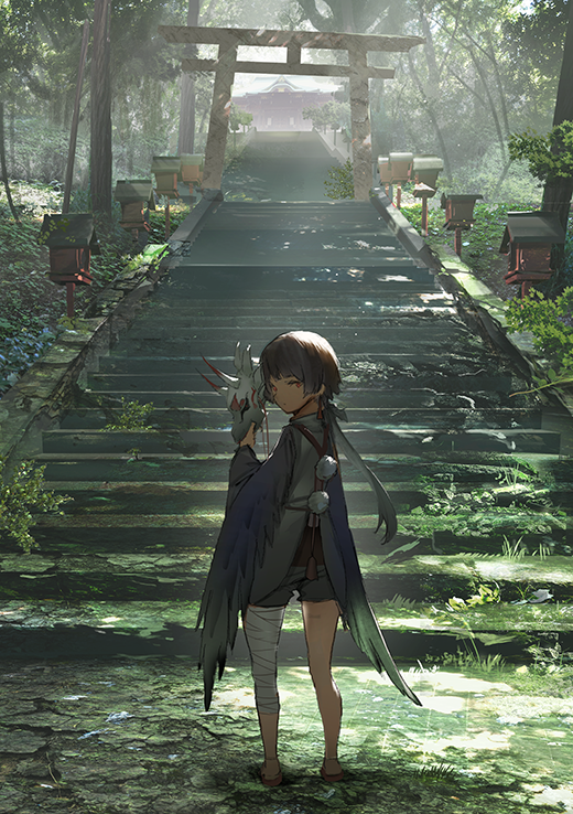 androgynous bandage bandaged_leg bandages black_hair commentary_request dappled_sunlight day feather-trimmed_sleeves forest from_behind grass long_hair low_ponytail mask mask_removed mogumo nature oni_mask original outdoors red_eyes sandals shrine solo stairs sunlight torii tree