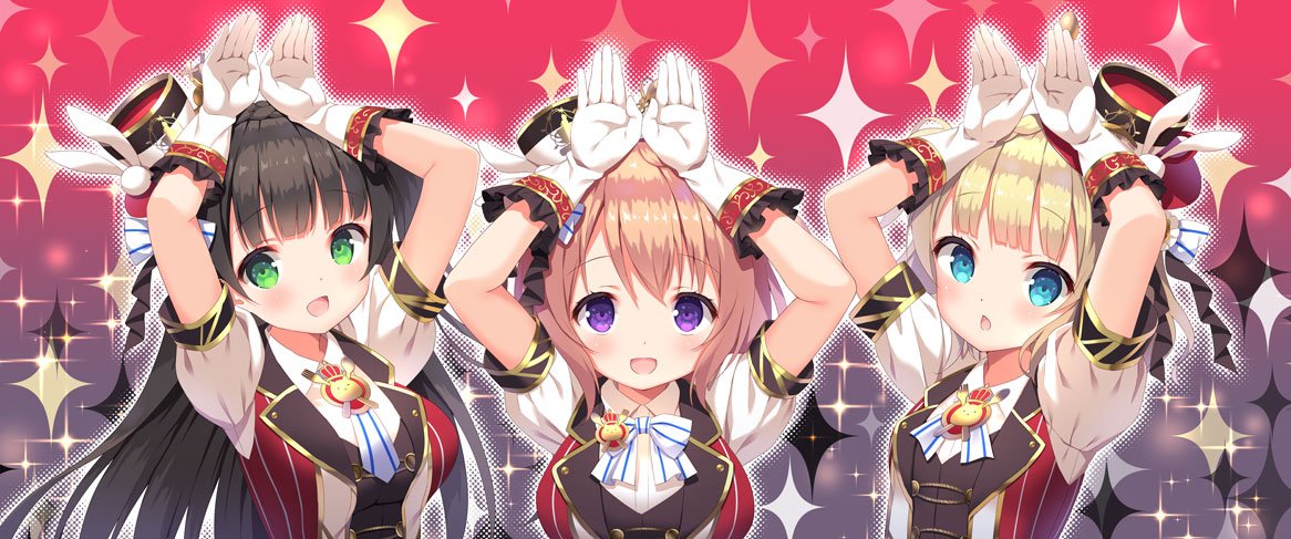 3girls :d arms_up bangs black_hair blonde_hair blue_eyes blush bow breasts chestnut_mouth chitosezaka_suzu collared_shirt eyebrows_visible_through_hair gloves gochuumon_wa_usagi_desu_ka? green_eyes hair_between_eyes hat hoto_cocoa kirima_sharo light_brown_hair long_hair matching_outfit medium_breasts mini_hat multiple_girls open_mouth parted_lips puffy_short_sleeves puffy_sleeves red_hat red_vest shirt short_sleeves smile sparkle striped striped_bow tilted_headwear ujimatsu_chiya upper_body vertical-striped_vest vertical_stripes very_long_hair vest violet_eyes white_bow white_gloves white_hat white_shirt