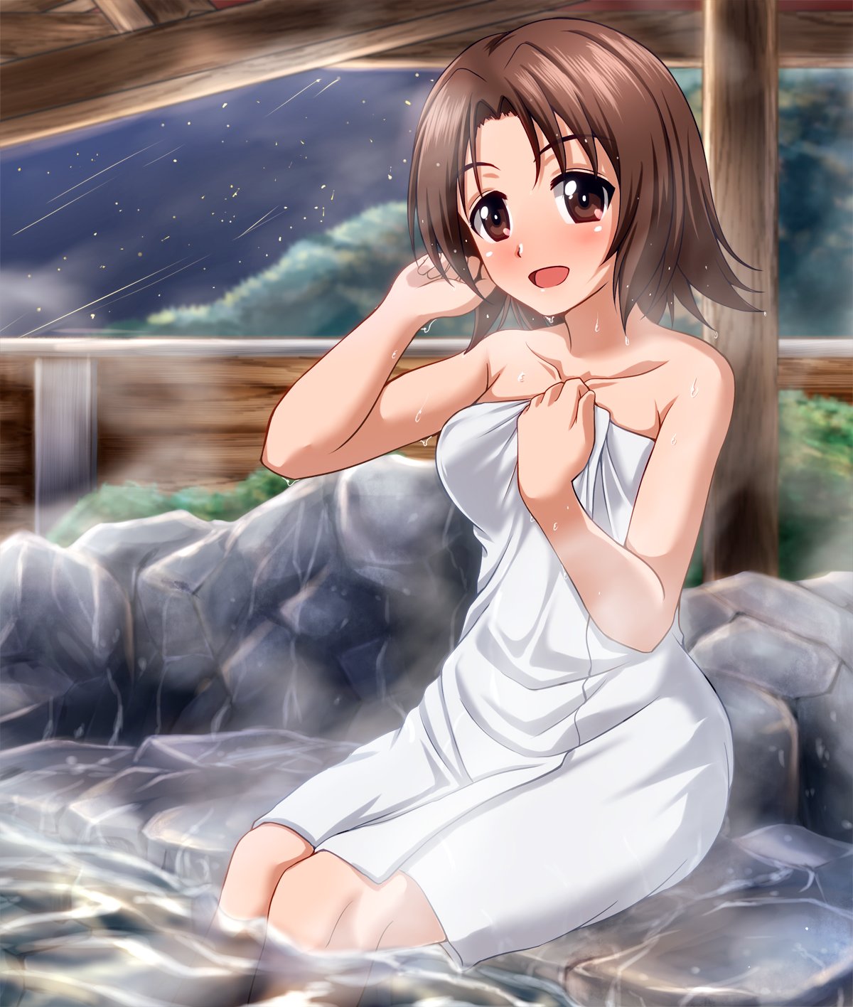 1girl bangs blurry blurry_background blush brown_eyes brown_hair collared_shirt commentary_request depth_of_field falling_star girls_und_panzer hand_in_hair highres holding holding_towel looking_at_viewer naked_towel night night_sky onsen open_mouth outdoors parted_bangs rock sawa_azusa shirt short_hair sitting sky smile soaking_feet solo star_(sky) starry_sky steam stone towel water wet wet_hair white_towel zanntetu