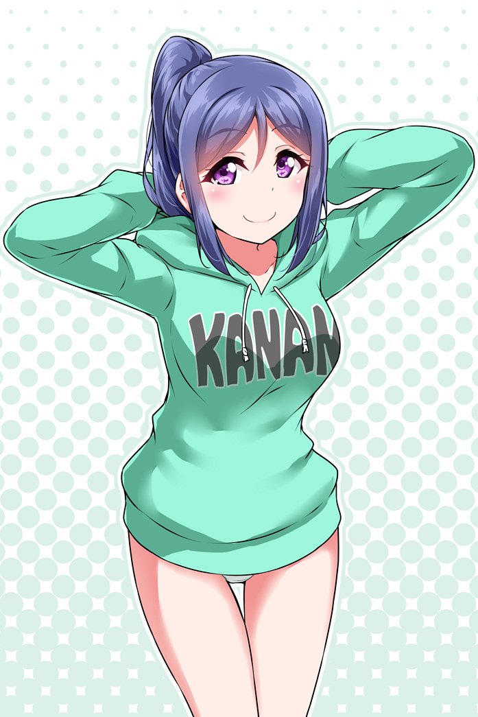 1girl arms_behind_head blue_hair blush character_name clothes_writing commentary_request drawstring green_hoodie halftone halftone_background hood hood_down hoodie long_sleeves looking_at_viewer love_live! love_live!_sunshine!! matsuura_kanan no_pants outline panties ponytail sidelocks smile solo thigh_gap underwear violet_eyes yopparai_oni