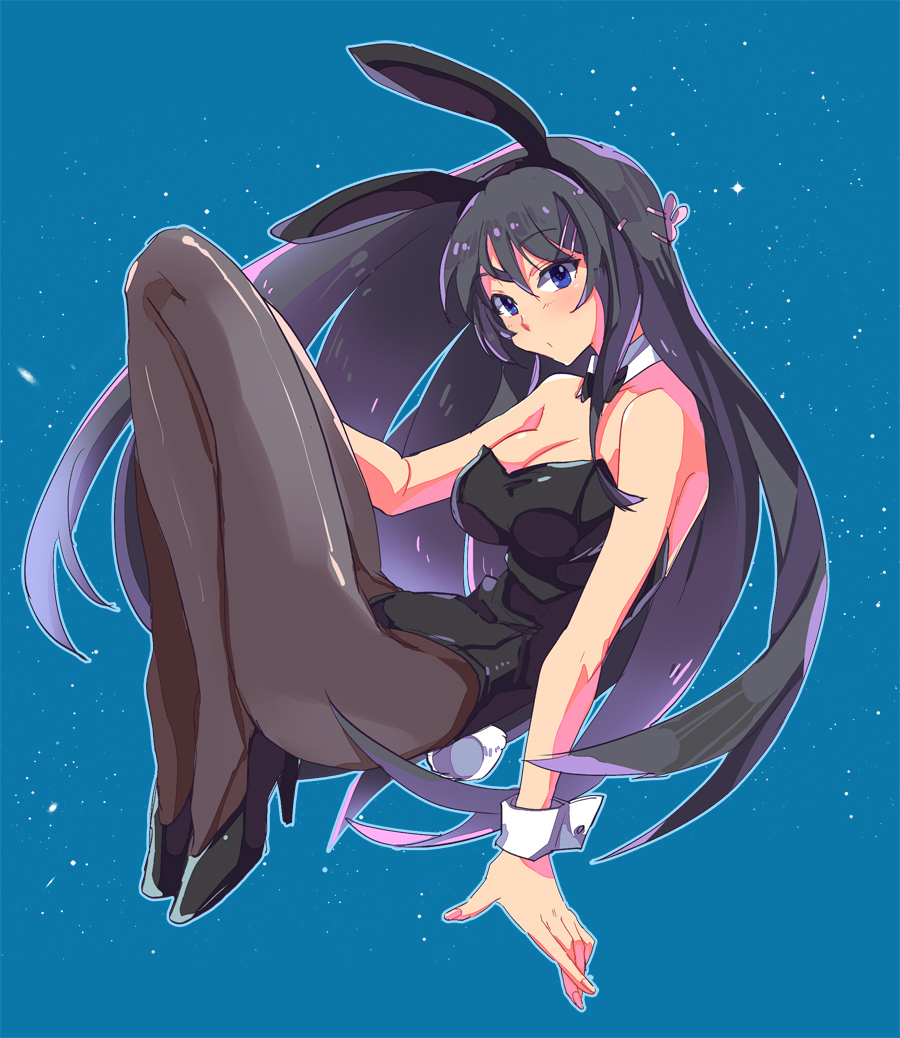 1girl animal_ears black_hair black_legwear black_leotard breasts bunny_tail bunnysuit detached_collar full_body hair_ornament hairclip ishiwari leotard long_hair looking_at_viewer night night_sky pantyhose rabbit_ears sakurajima_mai seishun_buta_yarou sky solo star_(sky) starry_sky strapless strapless_leotard tail violet_eyes wrist_cuffs