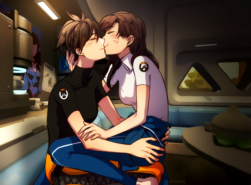 2girls black_shirt blue_pants blush brown_hair casual closed_eyes couch d.va_(overwatch) facial_mark facing_another from_side hooreng kiss long_hair multiple_girls overwatch overwatch_(logo) pants shadow shirt short_hair sitting sitting_on_lap sitting_on_person smile table tracer_(overwatch) white_shirt yuri